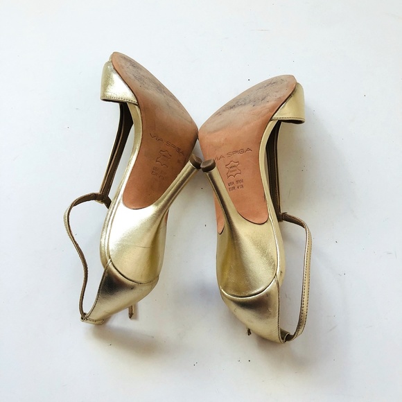 Via Spiga Gold Leather Open Toe Heels Sandals - Picture 6 of 13